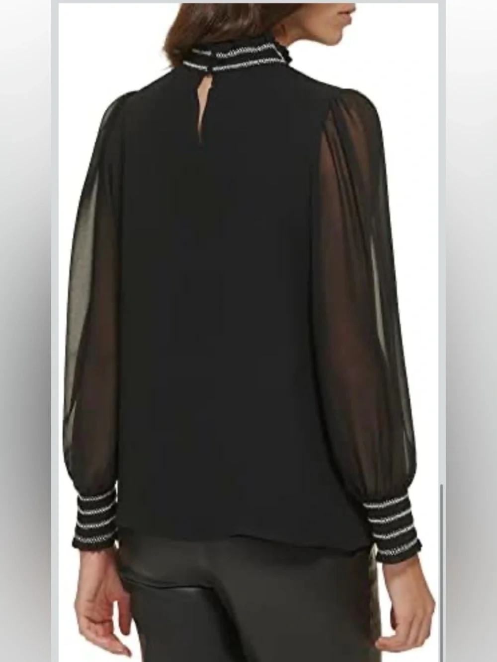 Karl Lagerfeld Paris Black Blouse Smocked Neck Puff Sheer Sleeve‎ Small